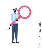 Man with badger head and tail, holding magnifying glass isolated on white. Vector hipster animal, metaphor costume, unidentified businessman cartoon character. Man with Badger Head, Holding Magnifying Glass. Стоковая иллюстрация, агентство Ingram Publishing / Фотобанк Лори