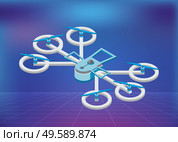 Quadcopter flying, area in purple color, 3d view of wireless device in sky, controlling equipment. Multicopter innovation, piloting object, professional modern robot with propeller, security vector. Multicopter in Sky, Flying Drone, Gadget Vector. Стоковая иллюстрация, агентство Ingram Publishing / Фотобанк Лори