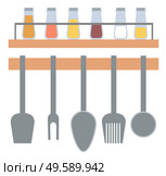 Kitchenware hanging on wall, spoon and fork, spatula cooking metal equipments, set of seasoning in glass, spice rack on shelf, silverware sign vector. Set of Cooking Objects Hanging on Wall Vector. Стоковая иллюстрация, агентство Ingram Publishing / Фотобанк Лори