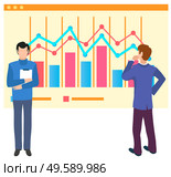 Info presentation and analysis vector, working people with growing and dropping results in visual representation. Boss and helper with documents board. People Analysing Data and Information on Screen. Стоковая иллюстрация, агентство Ingram Publishing / Фотобанк Лори