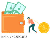 Man character pulling rope with coin, scene of earning money, cash with dollars. Worker with currency, investment or profit element, capital sign vector. Worker and Currency, Dollars in Cash, Earn Vector. Стоковое фото, агентство Ingram Publishing / Фотобанк Лори