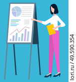Lady with charts and stats on board vector, isolated woman worker in field of finance and analytics. Business secretary with info on whiteboard presenter. Woman Presenting Information on Board Explanation. Стоковая иллюстрация, агентство Ingram Publishing / Фотобанк Лори