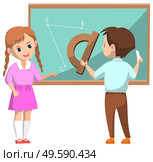 Schoolgirl stand in class near schoolboy drawing geometric figures and lines on school blackboard with protractor and chalk vector illustration flat. Schoolchildren near Blackboard on Geometry Lesson. Стоковая иллюстрация, агентство Ingram Publishing / Фотобанк Лори
