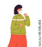 Portrait of young short-haired woman in medical mask coughing. Viral pandemic, protective mask against infection. Coronavirus 2019-ncov flu. Sick woman carrier infection. Safety and health protection. Vector illustration of young woman in medical mask couhging, sick female in protection mask. Стоковая иллюстрация, агентство Ingram Publishing / Фотобанк Лори