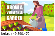 Concept of video player interface. Blogger shooting video about growing vegetable garden. Professional gardener making video tutorial for social network, internet or vlogs. Screensaver of video. Woman gardener shooting vlog about growing vegetable garden, cartoon video player interface. Стоковая иллюстрация, агентство Ingram Publishing / Фотобанк Лори