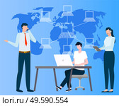 Workers communication with wireless device, people using phone, laptop and tablet. Map with computer icons, worldwide connection and communication vector. International Business, Wireless Connection Vector. Стоковая иллюстрация, агентство Ingram Publishing / Фотобанк Лори