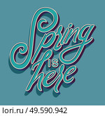Colorful decorative handwritten typography design with spring is here text. Spring hand lettering illustration design. Colorful flat vector illustration. . Стоковая иллюстрация, агентство Ingram Publishing / Фотобанк Лори