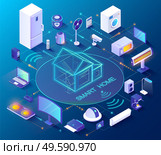 Smart home controlled from smartphone, 3D icons vector. Internet technology and home automation system. Wireless connection, house electronics devices and appliances remote control, isometric. Internet Technology, Smart Home Wireless Devices. Стоковая иллюстрация, агентство Ingram Publishing / Фотобанк Лори