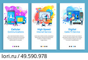 Cable TV vector, cellular communication, high speed internet service for clients, people with gadgets and devices, screens and monitors set. Website or slider app, landing page flat style. Cellular Communication and Cable Tv Television. Стоковая иллюстрация, агентство Ingram Publishing / Фотобанк Лори