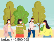 Vector illustration of people dont adhere to quarantine and self-isolation and walking in park in face medical masks. Concept of world epidemic, safety and health. Respiratory protection from virus. Young women break the rules of self-isolation and walking in the park in medical masks. Стоковая иллюстрация, агентство Ingram Publishing / Фотобанк Лори