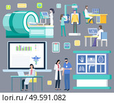 Diagnostics of diseases vector, isolated set of characters. Doctors with nurses, computed tomography and magnetic resonance imaging, roentgen x ray. Radiology and MRI or CT Hospital and Clinic Set. Стоковая иллюстрация, агентство Ingram Publishing / Фотобанк Лори