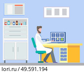 Doctor sitting in cabinet looking at results of magnetic resonance imaging or computer tomography scan. Medical diagnosis, disease treatment vector. Doctor Looking at Results of Patient Brain Scan. Стоковая иллюстрация, агентство Ingram Publishing / Фотобанк Лори