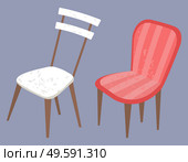 Furniture for home vector, isolated armchair designed in vintage style and standard chair made of wood or plastic. Pouf for sitting, comfortable seat. Chair Furniture Armchair in Vintage Style Set. Стоковая иллюстрация, агентство Ingram Publishing / Фотобанк Лори