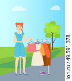 Garage sale, girl selling clothes on racks at countryside vector. Cheap clothing, second hand garments and footwear, fashion shopping at flea market. Girl Selling Second Hand Clothes, Garage Sale. Стоковая иллюстрация, агентство Ingram Publishing / Фотобанк Лори