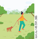 Pet owner walking dog on leash in summer park. Summertime forest with trees and greenery. Sunny day weekends. Lady with canine animal outdoors. Strolling character in woods with doggy vector. Woman Walking Dog in Summer Forest or Park Vector. Стоковая иллюстрация, агентство Ingram Publishing / Фотобанк Лори