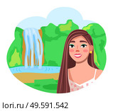 Young cheerful girl make selfie during traveling. Traveler make photo at waterfall background. Happy smiling brunette looking at camera. Photo of memorable place. Trip or journey time. Cartoon avatar. Happy young brunette making selfie at waterfall backjround, traveler girl making photo of herself. Стоковая иллюстрация, агентство Ingram Publishing / Фотобанк Лори