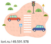 Street traffic. Cars, traffic lights, pedestrian crossing, road signs, zebra crossing, safe driving. Poster for school children. Illustrations showing the safety rules. Driving and plan travel. Safe traffic. Cars, zebras, signs, traffic lights. Care and attention on the road. Vector image. Стоковая иллюстрация, агентство Ingram Publishing / Фотобанк Лори