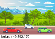 Cars or automobiles driving at road. Mountains landscape, summer view with green hills, trees, fir-tree. Traveling by cars. Beautiful view with snowy mountains and blue clouded sky at background. Mountains landscape, green hills, grass, bushes near road with driving cars, automobiles, summertime. Стоковая иллюстрация, агентство Ingram Publishing / Фотобанк Лори