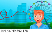 Young red-haired bearded guy smiling at ferris wheel, amusement park, city high buildings at background. Happy smiling man looking at camera. Photo of memorable place. Trip or journey time. Cartoon. Young bearded guy smiling at ferris wheel amusement park background, vector traveler photo. Стоковая иллюстрация, агентство Ingram Publishing / Фотобанк Лори