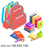 Schoolbag with books vector, back to school concept. Preparation for lessons and studies, packed bag with textbooks and apples, sandwich to eat on break. Isometric cartoon of education items. Satchel with Books and Notebooks, Apple and Snack. Стоковая иллюстрация, агентство Ingram Publishing / Фотобанк Лори