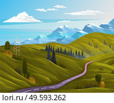 Asphalt road at green summer lawn or meadow. View at beautiful summer landscape with snowy mountains and blue clouded sky at background. Traveling time. Calm scenery, road to mountains, summertime. Beautiful summer view landscape with asphalt road, green lawn meadow, snowy mountains, clouded sky. Стоковая иллюстрация, агентство Ingram Publishing / Фотобанк Лори
