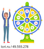 Game fortune wheel. Girl playing risk game with fortune wheel and lottery. Casino and gambling vector. Illustration of casino fortune, wheel winner game. Woman won, joyfully raised her hands up. Game fortune wheel concept. Girl playing risk game with fortune wheel and lottery, gambling template. Стоковая иллюстрация, агентство Ingram Publishing / Фотобанк Лори