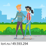Man walking with blind woman vector, volunteer helping female character. Park in city, cityscape with skyscrapers and bushes greenery lawns flat style. Volunteer Man Helping Disabled Person Blind Woman. Стоковая иллюстрация, агентство Ingram Publishing / Фотобанк Лори