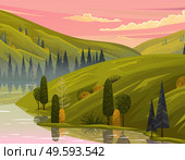 Beautiful evening landscape with pink clouded sky and mountains, green lawns. View at summer scenery with river, hills, trees, pie-trees. Nature reflect in water. Nobody around. Beautiful nature scene. Beautiful evening landscape with pink clouded sky and mountains, green lawns, view at summer scenery. Стоковая иллюстрация, агентство Ingram Publishing / Фотобанк Лори
