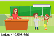 Girl and boy educating with flask, teach sitting at desktop, pupils researching. Elementary school, people in green classroom, chemistry lesson vector. Chemistry Lesson, Elementary School, Pupil Vector. Стоковая иллюстрация, агентство Ingram Publishing / Фотобанк Лори