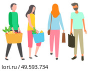 People with packages and bags vector, shopping man and woman returning home. Isolated characters with food organic meal and ingredients in baskets. People Shopping at Market and Shops Couples Set. Стоковая иллюстрация, агентство Ingram Publishing / Фотобанк Лори