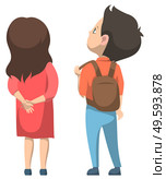 Boy and girl standing together. Schoolboy with backpack on back. Schoolgirl in red dress and long hair. Pupils isolated on white. Back to school concept, 1st September. Flat cartoon vector illustration. Girl and Boy Standing Together, Back to School. Стоковая иллюстрация, агентство Ingram Publishing / Фотобанк Лори