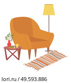 Home design vector, soft armchair furniture, lamp with light, table with vase and flourishing plant, carpet on floor rug, flat style contemporary interior. Home Interior View, Armchair Lamp Carpet Vector. Стоковая иллюстрация, агентство Ingram Publishing / Фотобанк Лори