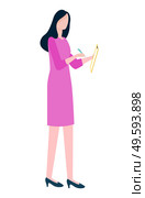 Woman in pink dress side view making notes by pen in folder. Vector cartoon style character writing on piece of paper, consultant or business broker. Woman in Pink Dress Side View Making Notes by Pen. Стоковая иллюстрация, агентство Ingram Publishing / Фотобанк Лори