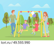 Family walking together, children swinging on a slide swing at playground. Happy cartoon kid with parents playing on the backyard. Childrens summer playing field, recreational outdoor activities. Family walking together, children swinging on a slide swing. Happy cartoon kids with parents. Стоковая иллюстрация, агентство Ingram Publishing / Фотобанк Лори