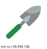 Garden shovel with a green handle. Iron spade. Garden or farm tools. Digging, manual labor, planting plants. Gardening and agriculture. Simple illustration of farm hand shovel icon for web design. Garden shovel with green handle. Gardening and agriculture. Digging and planting. Flat image. Стоковая иллюстрация, агентство Ingram Publishing / Фотобанк Лори