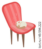 Sleeping kitten vector, isolated armchair decorated in vintage style flat. Domestic animal pet, white cat on pink chair sofa, soft seam cozy pouffe. Armchair with Sleeping Cat, Sleepy Kitten Vector. Стоковая иллюстрация, агентство Ingram Publishing / Фотобанк Лори