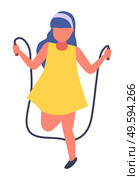 Girl jumping rope illustration. Cute little girl in yellow dress playing on white, children s outdoors activities in summer time. Movable child jumping having fun, sports training in kindergarten. Girl jumping rope vector illustration. Cute little girl playing, children s outdoors activities. Стоковая иллюстрация, агентство Ingram Publishing / Фотобанк Лори
