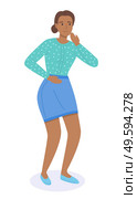 Female complains of a abdominal pain, shows a hand on a place on the body that hurts. Wooman patient tells the doctor the symptoms of the disease. Girl is coughs holding hands near face and stomach. Female character complains of a abdominal pain, shows a hand on a place on the body that hurts. Стоковая иллюстрация, агентство Ingram Publishing / Фотобанк Лори