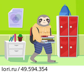 Funny cartoon animal student. A sloth schoolboy with stack of books in hands in the class. Smart active pupil with a school bag enters the classroom for a lesson. Back to school, education theme. Funny cartoon animal student. A sloth schoolboy with stack of books in hands in the class. Стоковая иллюстрация, агентство Ingram Publishing / Фотобанк Лори