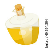 Oil bottle closed with bung with golden liquid inside. Olive or sunflower oil boottle. Vessel with viscous purified substance used for cooking or hair care. Vegetable oil produced by plant. Vector. Vegetable Oil for Hair Care, Liquid in Vessel. Стоковая иллюстрация, агентство Ingram Publishing / Фотобанк Лори