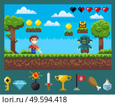 Battle of superhero with galive and monster, power symbols key, diamond and bomb, steel and cup, flag and meat with flask, screen of pixel game vector. Screen of Pixel Game, Knigth and Geek, War Vector. Стоковая иллюстрация, агентство Ingram Publishing / Фотобанк Лори