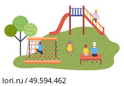 Children spending time at playground. Kids have fun. Boy at slide stand at stairs. Girl wearing dress jumping at jump rope. Woman and son rest at bench. Boy climbing at rope wall, summer activities. Children spending time at playground, slide, rope wall, jumping rope, relaxing at bench, hobbies. Стоковая иллюстрация, агентство Ingram Publishing / Фотобанк Лори