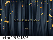 Congratulations Graduate template with golden ribbons and confetty on black drapery background. Awarding nomination scene. Vector illustrator. Congratulations Graduate template with golden ribbons on black drapery background. Vector illustrator. Стоковая иллюстрация, агентство Ingram Publishing / Фотобанк Лори