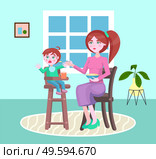 Mother feeding her little son with a poridge or other meal sitting in children s chair. Boy denying food don t want to eat and crying. Angry mother try to give food to her child. Parenthood concept. Mother feeding her little son sitting in children s chair, boy denying food and crying, mom and kid. Стоковая иллюстрация, агентство Ingram Publishing / Фотобанк Лори