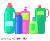 Plastic detergent bottles set. Household chemicals containers plastic bottle pack, cleaning housework liquid domestic fluid cleaner isolated on white background. Industrial chemicals different bottles. Plastic detergent bottles set. Household chemical containers plastic bottle pack on white background. Стоковая иллюстрация, агентство Ingram Publishing / Фотобанк Лори
