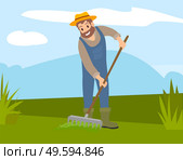 Bearded farmer in hat and overalls rakes the grass in field. Cultivation, harvesting, working on fresh air. A man cultivates the soil. Agricultural occupation and husbandry tool, flat vector. Farmer cultivates the soil with a rake. Agriculture and farm implements. A man works on the ground. Стоковая иллюстрация, агентство Ingram Publishing / Фотобанк Лори