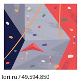 Colorful bouldering wall in a climbing gym. Active leisure and sport. Sports wall with grabs, doing bouldering. Climber crawling on steep simulated rock. Indoor rock climbing. Flat vector image. Climbing wall with grabs, bouldering equipment, indoor sport activity, rock climbing. Flat image. Стоковая иллюстрация, агентство Ingram Publishing / Фотобанк Лори