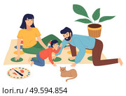 Family has fun playing twister game. Game funny poses. at lies peacefully on floor, house plant in pot. Fun for the whole family. Indoors activity. Cartoon twister players. Stay home and stay safe. Family twister players have fun at home. Play games together. Stay home and be safe conception. Стоковая иллюстрация, агентство Ingram Publishing / Фотобанк Лори