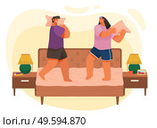 Young couple having pillow battle, man and woman wearing pajamas enjoying time together lovers beat with pillows standing on bed at home modern apartment bedroom interior horizontal flat illustration. Young couple having pillow battle, man and woman enjoying time together lovers beat on bed at home. Стоковая иллюстрация, агентство Ingram Publishing / Фотобанк Лори