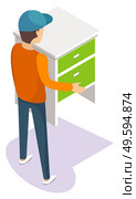 Delivery service worker wearing uniform moving nightstand. Porter in workwear carrying furniture piece. Relocation and transportation 3D vector illustration. Delivery Man Carrying Bedside Table Vector. Стоковая иллюстрация, агентство Ingram Publishing / Фотобанк Лори